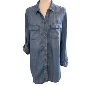 Chicos Chambray Denim Tunic Top Button Up Roll tab  Lightweight Casual Beach L